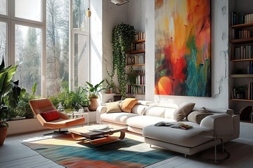 Nordic Serenity A Spacious Scandinavian-Style Flat Living Room, Embracing Simplicity and Elegance in Contemporary Design. created with Generative AI