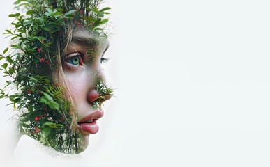 Green little flowers mixed with beautiful face. Clipping mask art on beautiful side profile female. High resolution HD wallpaper. 