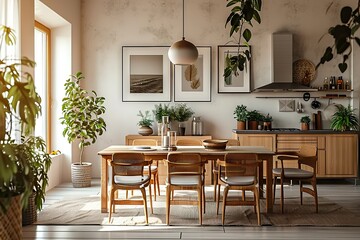 Fototapeta premium Chic Living and Dining Fusion Interior with Mock-Up Poster Frame, Stylish Table, Rattan Chair, and Wooden Kitchen Island - Home Decor Template. created with Generative AI