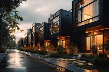 Obraz premium Urban Elegance Contemporary Modular Private Black Townhouses, Showcasing Innovative Residential Architecture in a Striking Exterior Composition. created with Generative AI
