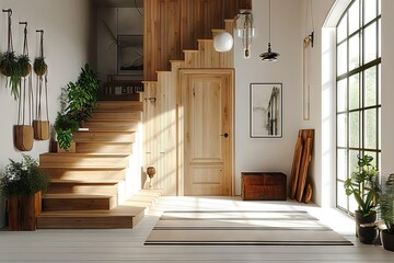 Nordic Elegance Scandinavian Interior Design in a Modern Entrance Hall with Grid Door, Staircase, and Rustic Wooden Accents. created with Generative AI
