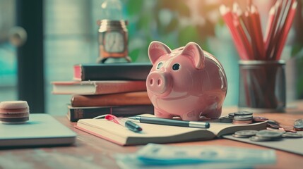 Piggy bank with business stuff, business and finance concept - obrazy, fototapety, plakaty