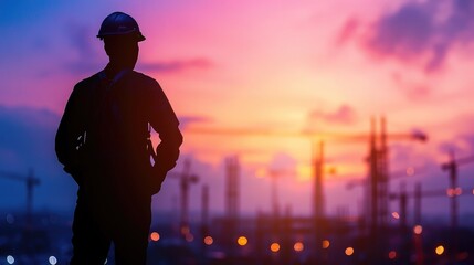 Silhouette engineer standing orders for construction crews to work on high ground heavy industry