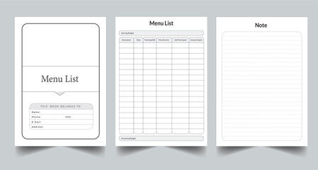 Editable Menu List Planner Kdp Interior printable template Design. - obrazy, fototapety, plakaty