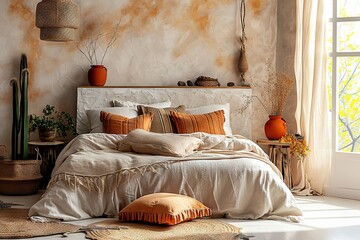 Earthy Elegance Bed with Terra Cotta Pillows Against Beige Stucco Wall - Boho Serenity in Modern Bedroom Design. created with Generative AI