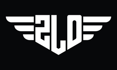 ZLO three letter logo, creative wings shape logo design vector template. letter mark, word mark, monogram symbol on black & white.	