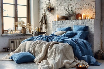 Urban Bliss Bed with Blue Pillows Against Grid Window - Loft Interior Design in a Modern Bedroom with Exposed Brick Wall. created with Generative AI