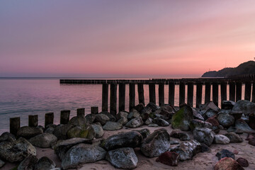 View on beach of Baltic sea in Svetlogorsk at sunrise. Kaliningrad region. Russia