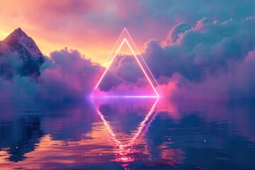 Rainbow colored glowing neon triangle in the cloud. Ai generative - obrazy, fototapety, plakaty