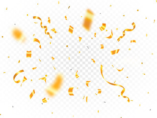 Celebration Confetti Abstract Background. Shiny glossy gold paper pieces fly and scatter around. Best surprise burst for festive, carnival, casino, party, birthday and anniversary decoration. ads - obrazy, fototapety, plakaty
