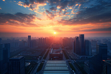 Suzhou's Modern Skyline at Sunset with Empty Square Floors, High Angle View of Jiangsu Province, China