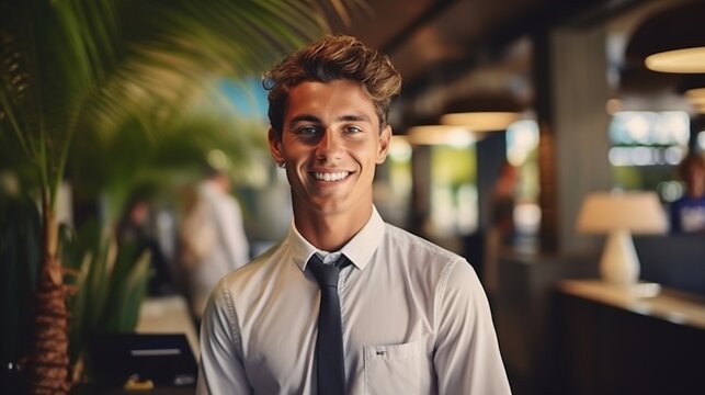 Young male hotel employee smiling at the camera,