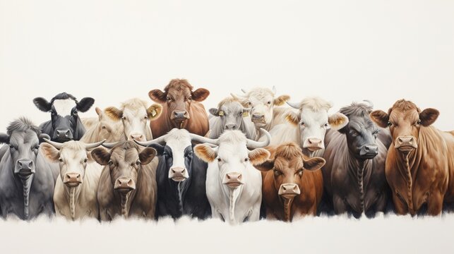 a variety of cattle breeds coexisting harmoniously on a pristine white canvas.