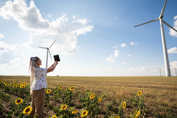 A blogger girl with bright braids shoots a story about green energy, about working with wind energy and wind turbines