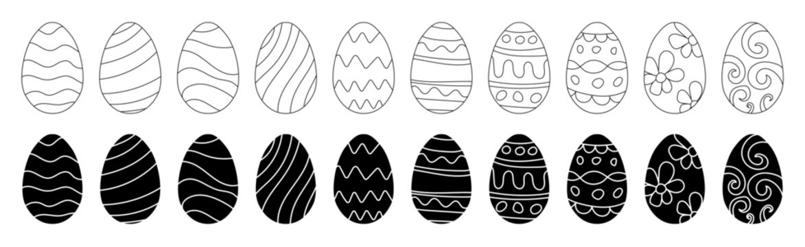 outline art silhouette set of easter egg. isolated on a transparent background.
