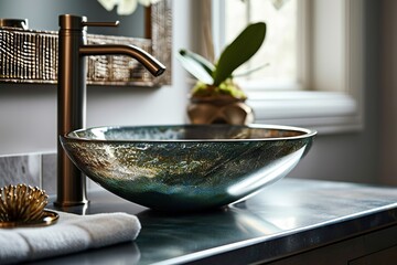 Modern Chic Close-Up of Stylish Glass Vessel Sink and Bronze Faucet on Vanity in Minimalist Interior Design Bathroom. created with Generative AI