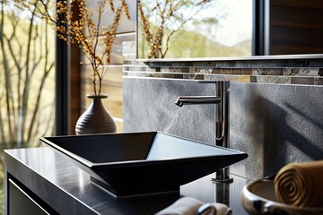 Fototapeta na wymiar Sleek Sophistication Close-Up of Black Ceramic Rectangle Vessel Sink, Chrome Faucet, and Vanity in Minimalist Modern Bathroom Design. created with Generative AI
