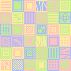 pastel squares with ornament. vector seamless pattern. patchwork repetitive background. fabric swatch. wrapping paper. textile design element