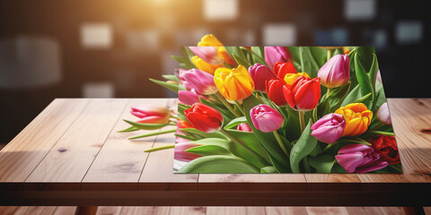Tulips spring flowers different colours flowers buds in the wooden table with sun shine blur background