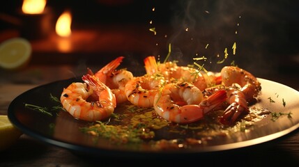 A plate of delicious grilled shrimp with lemon and herbs