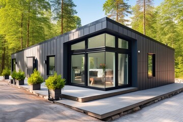 Modern black house in the woods