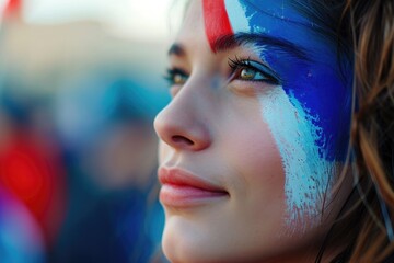 woman watching the 2024 olympic summer games wearing makeup in the color of the french flag - obrazy, fototapety, plakaty