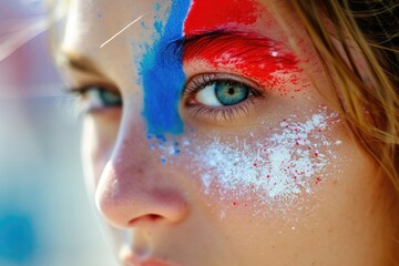 woman watching the 2024 olympic summer games wearing makeup in the color of the french flag - obrazy, fototapety, plakaty