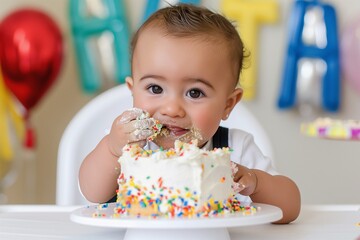 First Birthday Fun for Baby with Cake and Colorful Sprinkles