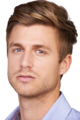 Obraz premium Businessman, portrait and serious consultant by white background for studio about us, professional and corporate company. Face, closeup and Canada employee with backdrop, confidence and development