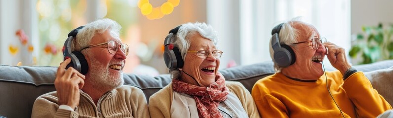 Elderly people listen to music . Banner - obrazy, fototapety, plakaty
