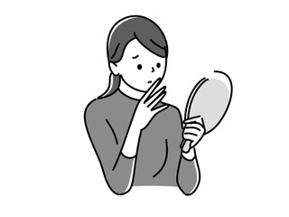 手鏡を見て肌の状態を心配する女性　PNG