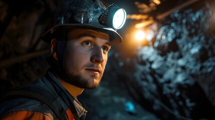 A thoughtful miner with a lit headlamp looks off into the distance, contemplating the vast and challenging work environment of the mine. - obrazy, fototapety, plakaty
