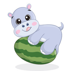 Cute hippo hug watermelon fruit design withe isolation white beground