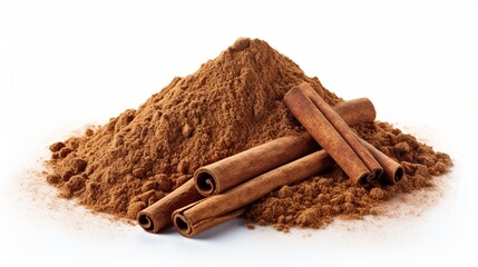an isolated heap of ground cinnamon on a clean white canvas, showcasing the aromatic and sweet-smelling nature of this classic spice.