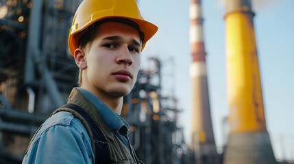 A young man with a safety helmet looks on intently, standing before a complex industrial backdrop with yellow structures.