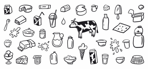 Vector collection of hand-drawn dairy products in doodle style © Abundzu