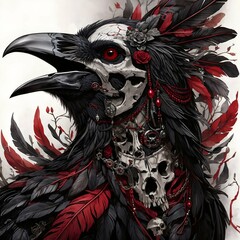 half-skull raven with red accents wallpaper
