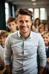Male teacher with elementary students in the classroom