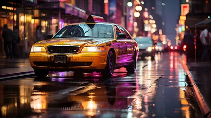 Tuinposter A parked vintage car against the backdrop of passing night traffic. © Alex Bur