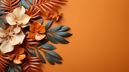 Orange and green tropical leaves background texture with copy space 