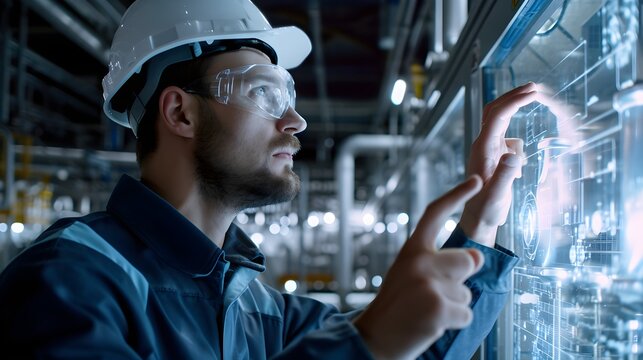 In a modern facility, a technician meticulously engages with a 3D holographic display, illustrating the interface between man and machine in the contemporary industrial landscape.