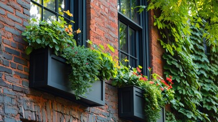 Window boxes with plants on the side of a brick building