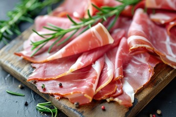 Slices of tasty cured ham with rosemary.