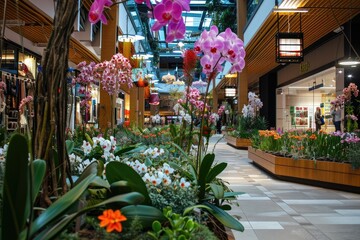 Fototapeta na wymiar Shopping center decorated with flowers orchids.