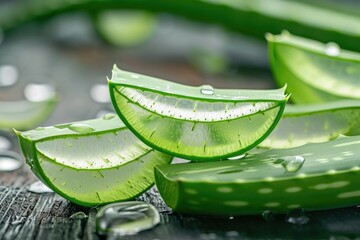 Photo aloe vera slices with aloe gel on wood table.