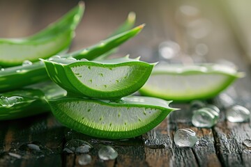 Photo aloe vera slices with aloe gel on wood table.