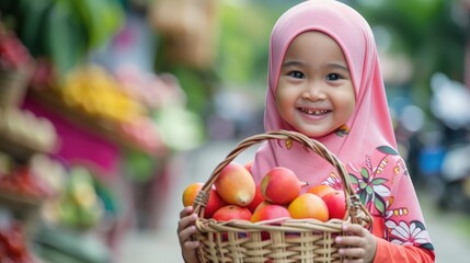 Fototapeta premium Malay Muslim girl smiling, holding basket made of weaving bamboo full of locall fruits.