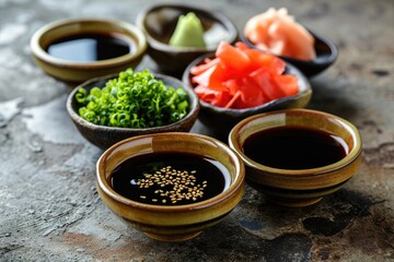 Obraz na płótnie Canvas Japanese condiment for sushi. Soy sauce, wasabi, pickled ginger, sesame. Japanese cuisine.