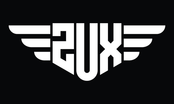 ZUX three letter logo, creative wings shape logo design vector template. letter mark, word mark, monogram symbol on black & white.