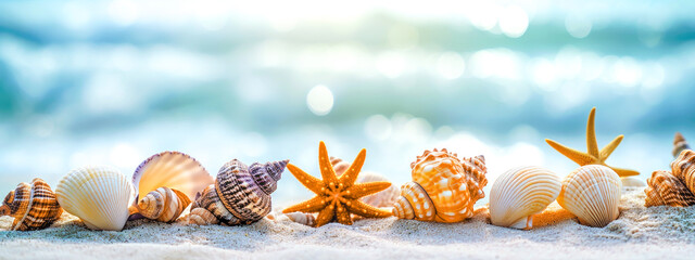Close-up photo of various sea shells with a background of a beautiful sea beach
